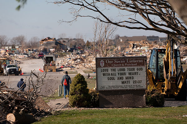 Tornado damage of Washington, Illinois as seen from Our Savior Lutheran Church's parking lot on Monday, Nov. 18, 2013. On Sunday, Nov. 17, 2013, one of many tornadoes ripping across Illinois touched down in Washington, a central Illinois town of about 15,000. The tornado damaged many homes and Our Savior Lutheran Church. LCMS Communications/Dan Gill.