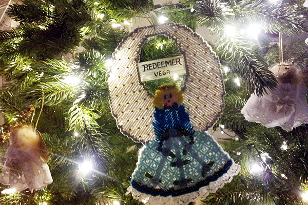 LCC's Christmas tree, decked with decorations from congregations across Canada.