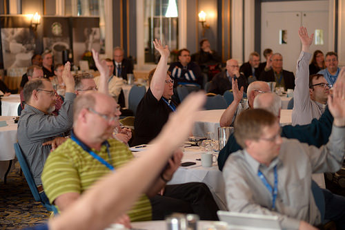 Delegates vote on a resolution.