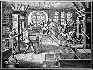A 16th century German printing press at work.