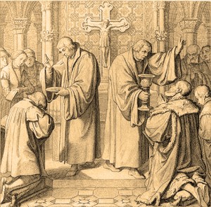 Luther, right, administers The Lord’s Supper serving both the bread and the wine, a practice based upon Scripture.